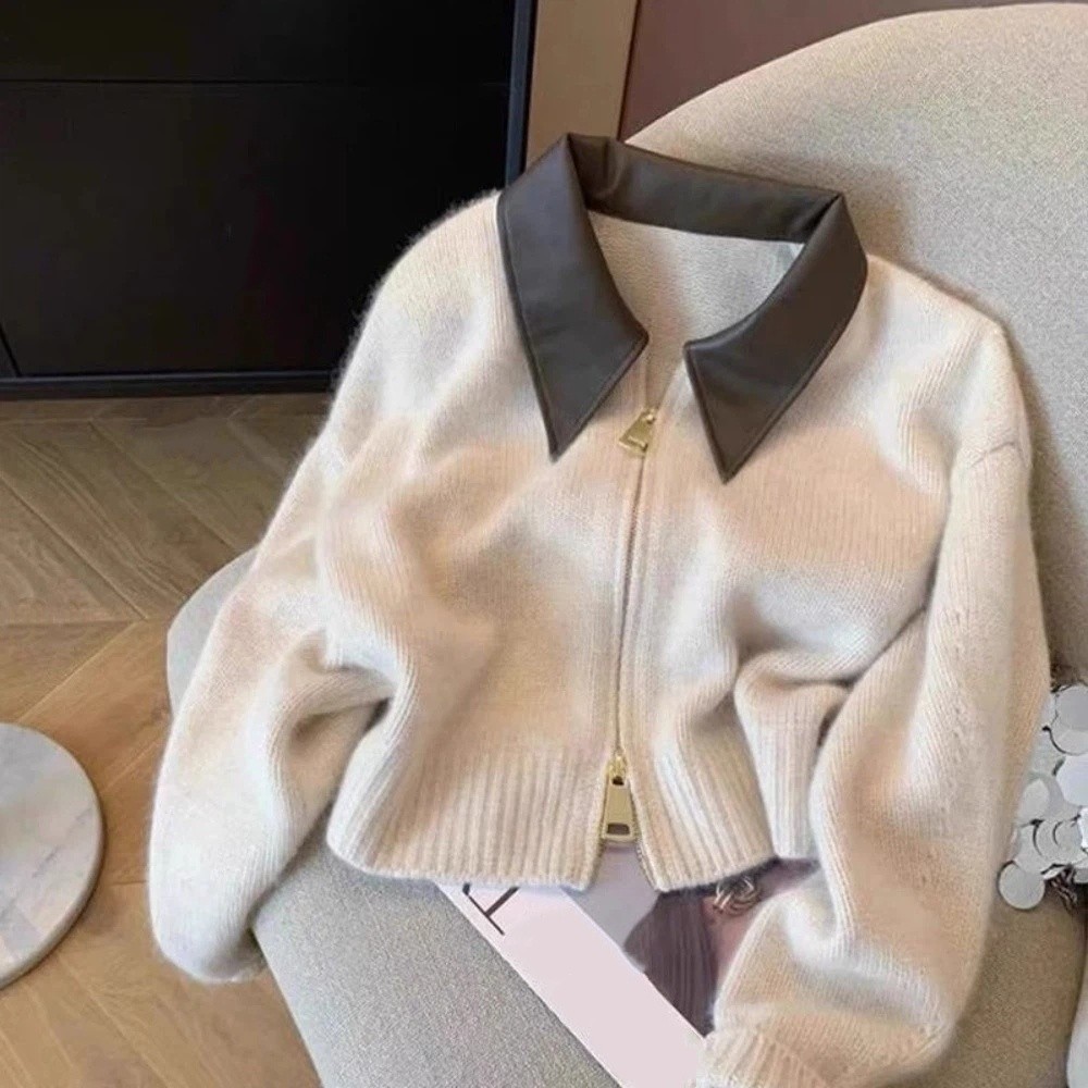 Sewing Front Zipper - Cardigan in maglia con colletto in